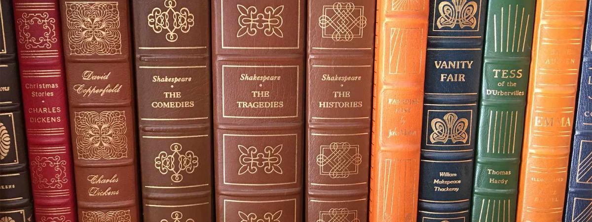 English Program at Minneapolis College Close up of book bindings that are set on a bookshelf