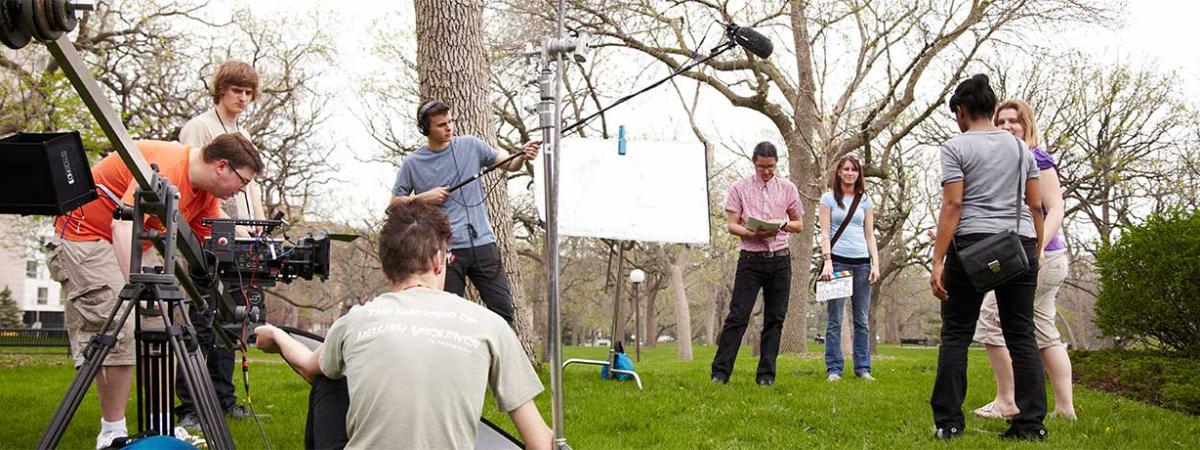 Cinema Production Program at Minneapolis College entire crew on film location at Minneapolis College