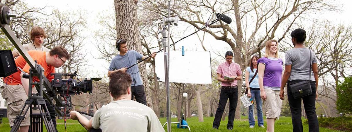 Cinematography Program at Minneapolis College entire film crew on location outdoors at Minneapolis College