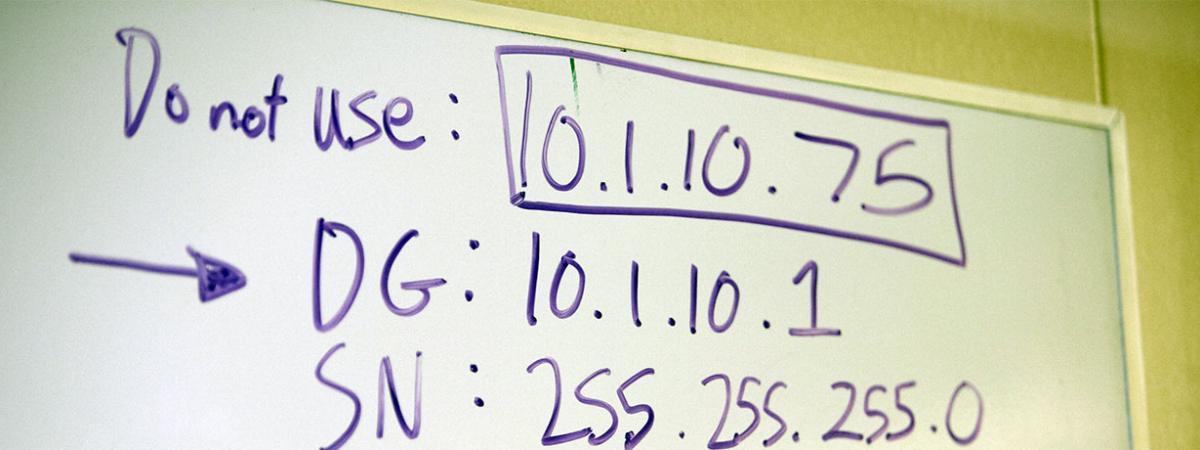 Computer Forensics Program at Minneapolis College Whiteboard showing some IP Addresses used in class at Minneapolis College