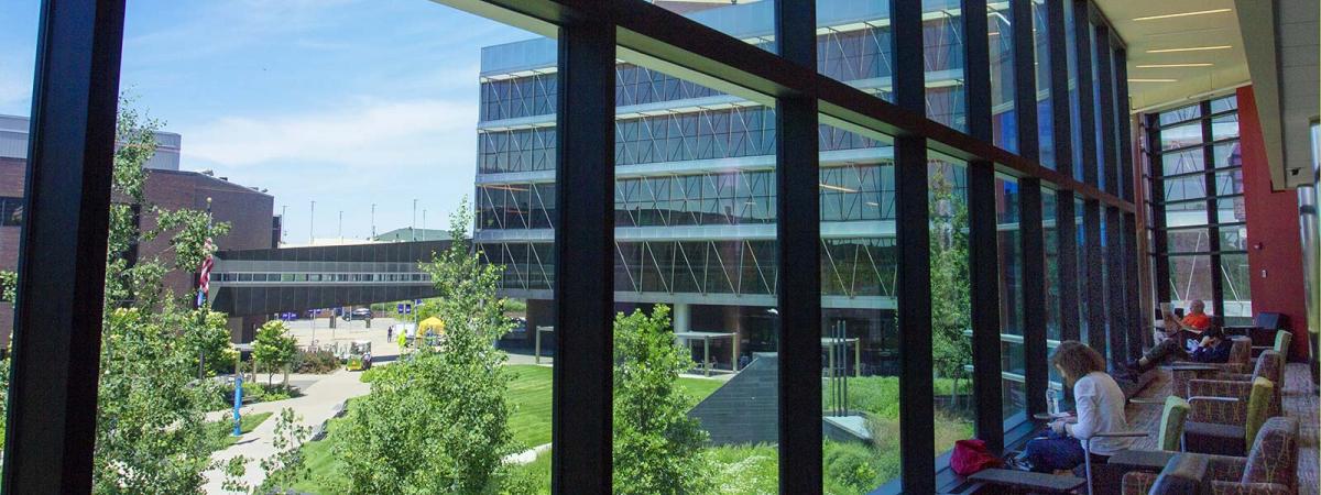 View of the Minneapolis College Campus from the Helland Center Lounge Student lounge with panoramic view
