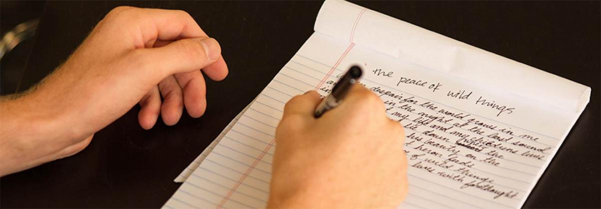 Creative Writing Program at Minneapolis College a right-handed person writing a short story on a tablet of paper
