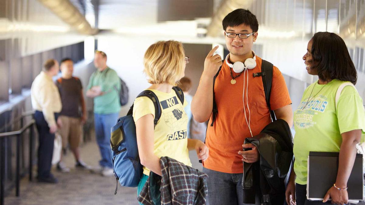 Summer Session at Minneapolis College Students Socializing in the Skyway at Minneapolis College