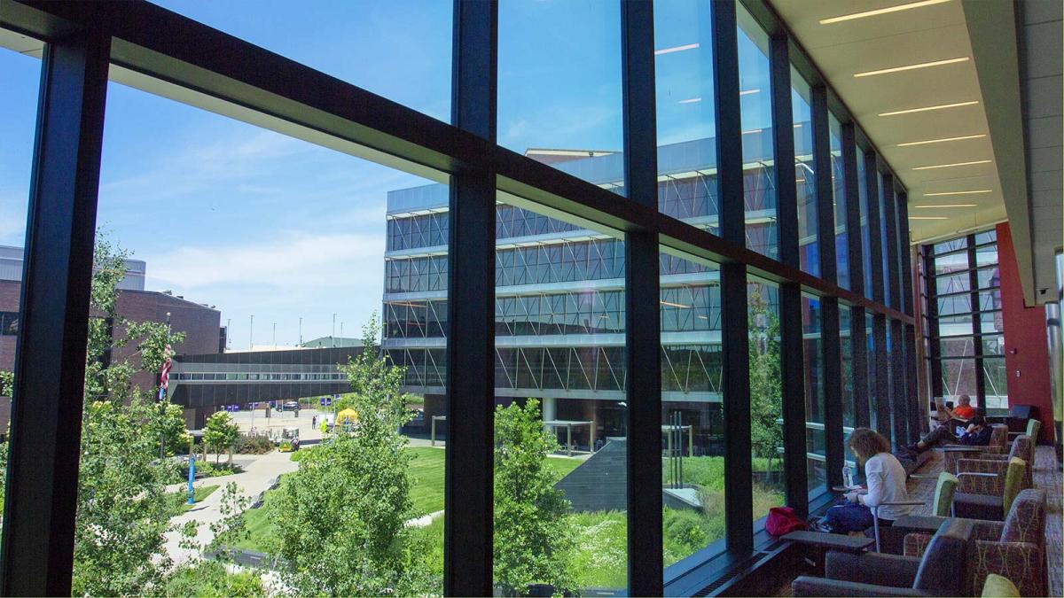 View of the Minneapolis College Campus from the Helland Center Lounge Student lounge with panoramic view